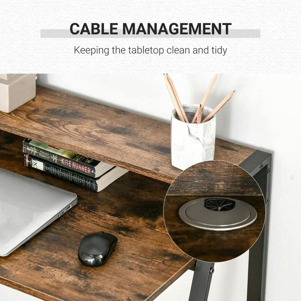 Two-tier desk with cable management opening on rustic brown tabletop