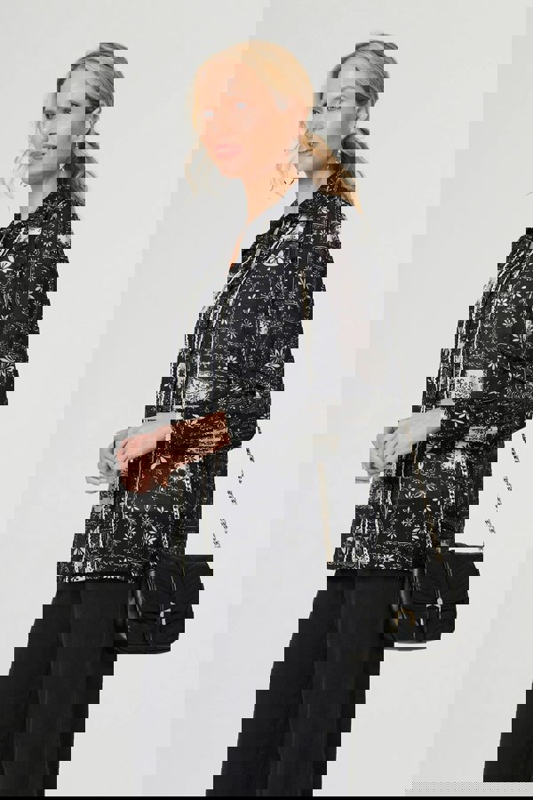 Black | Mosaic Print Button-Up Semi Sheer Shirt
