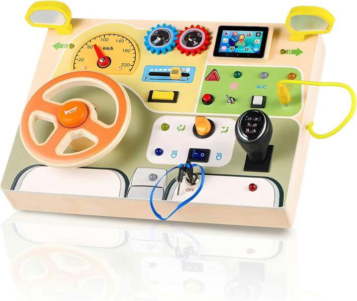 Dyzi Wooden Car Driving Steering Wheel Switch Montessori Busy Board Sensory Toy