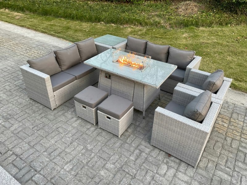 Fimous Rattan Outdoor Garden Furniture Set with Gas Fire Pit Table, 2 Sofas, 2 Chairs, 2 Foot Stools, 1 Side Table - 10 Seater - Light Grey