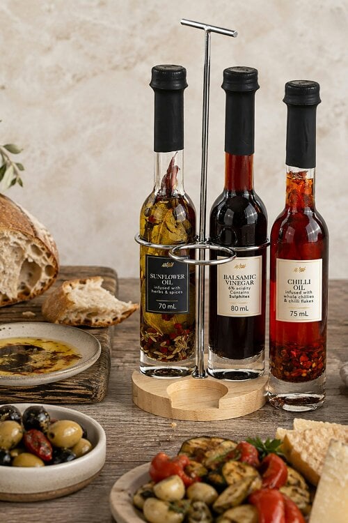 Kimm and Miller Infused Oil and Balsamic Vinegar Trio with Rack