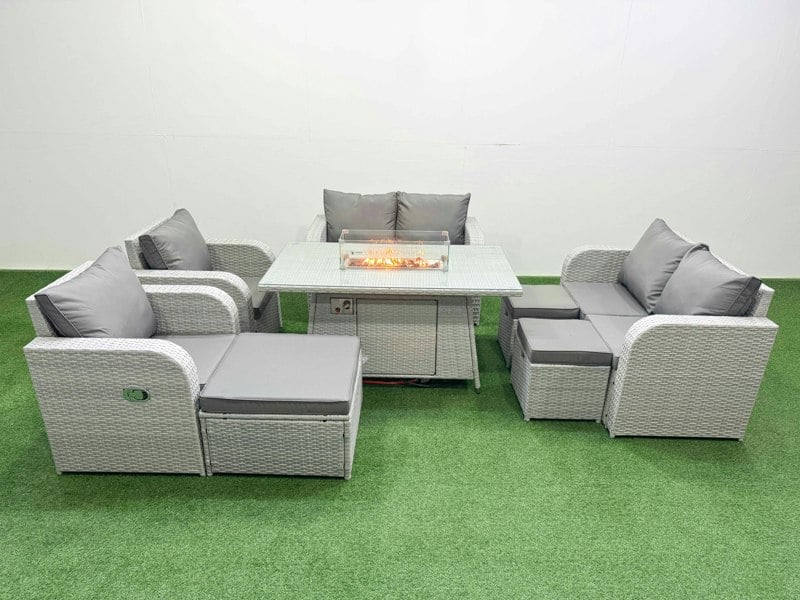 Fimous 9 Seater Outdoor Reclining Chair Love Sofa Set Rattan Garden Furniture Set with Fire Pit Dining Table 3 Stools Light Grey