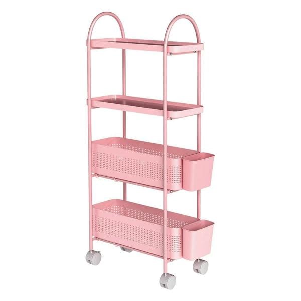 Levede 4 Tier Kitchen Storage Trolley Cart on Wheels for Narrow Space Metal Pink