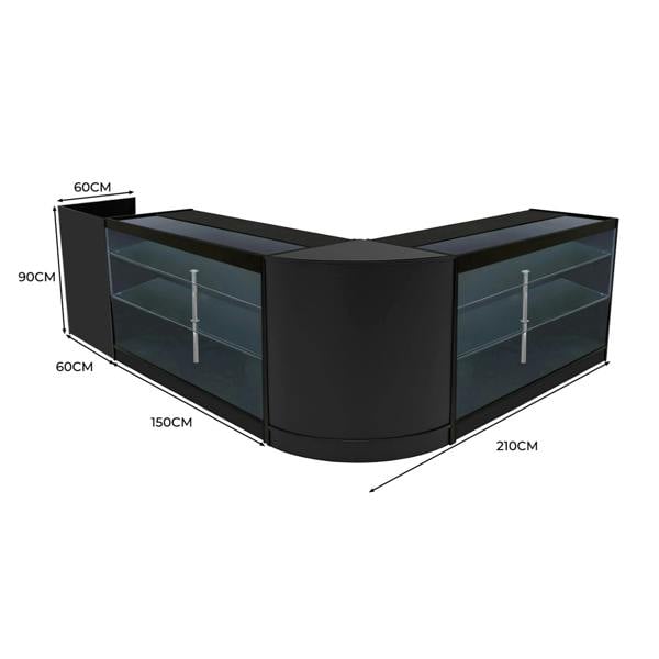 Black Aries LED Shop Counter Set featuring sleek glass shelves, modern design, and dimensions of 210cm x 150cm x 90cm