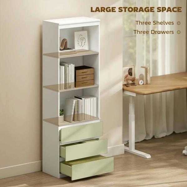 White bookcase with three shelves and three drawers, designed for large storage.