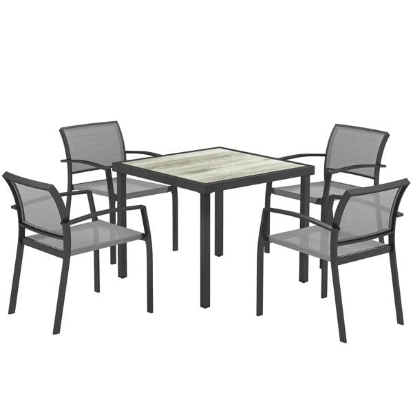 Five-piece outdoor dining set with grey chairs and rectangular table