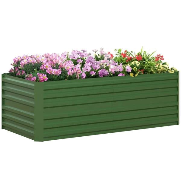 Green raised garden bed planter with open top and front panel, holding flowers