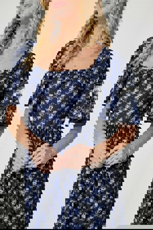 Navy | Printed 1/2 Batwing Sleeve Midi Dress