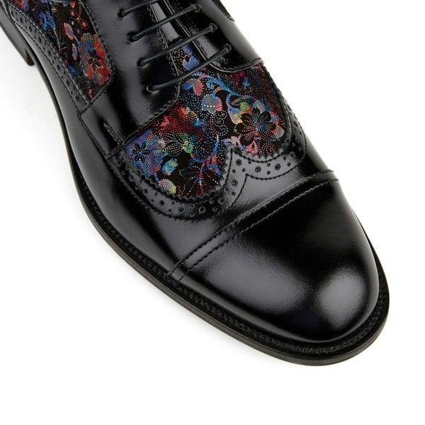 Embassy London Orlando - Black Flower - Men's toe cap dressy black shoe with flower print leather
