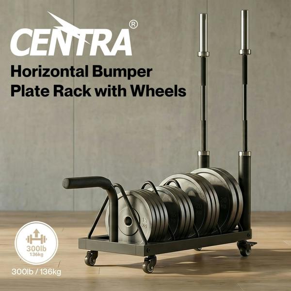 Centra Weight Plate Rack with 4 Plate Slots Wheels Horizontal Barbell Storage