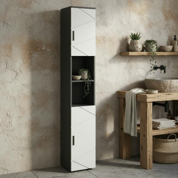 Wyld Haus Nomalo Tall Minimalist Bathroom Storage Cabinet With Line Embossed Front And Adjustable Shelves Grey