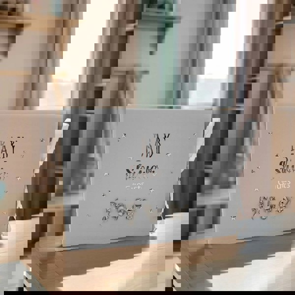 Grey Baby Shower Guest Book with Silver Plated Rattle Pram and Booties Image 7