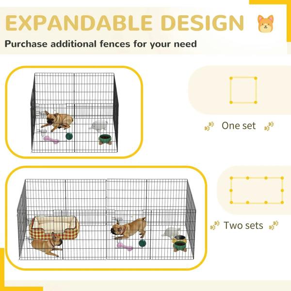 Expandable black wire dog pen system; add extra fence sets to extend the enclosure