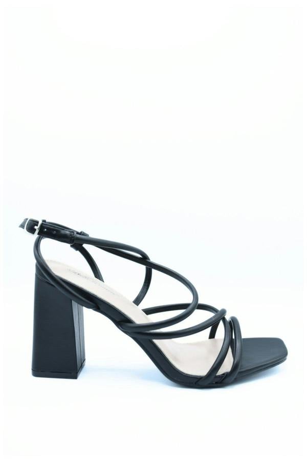 Linda Strappy Buckle Block High Heels - Black