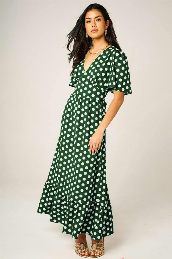 FS Collection Dot Print Angel Sleeve V Neck Frill Hem Midi Dress In Green