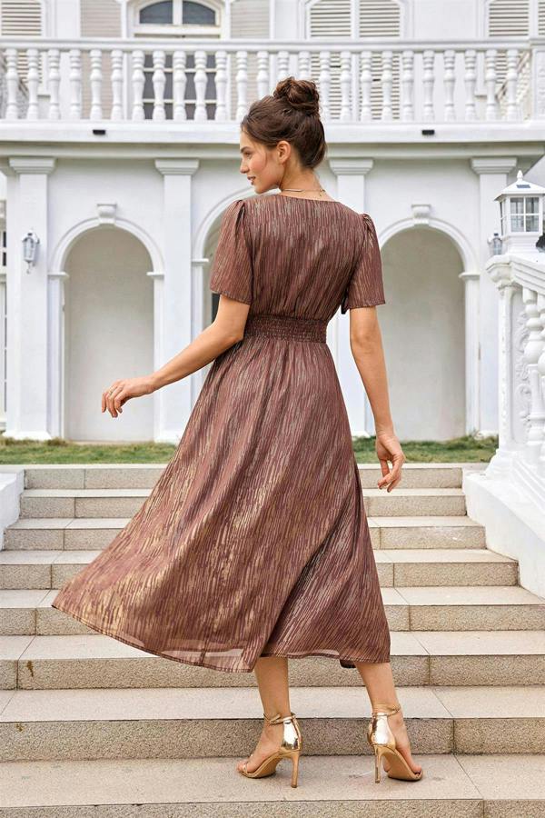 FS Collection Angel Sleeve Gold Stripe Foil Midi Dress In Brown