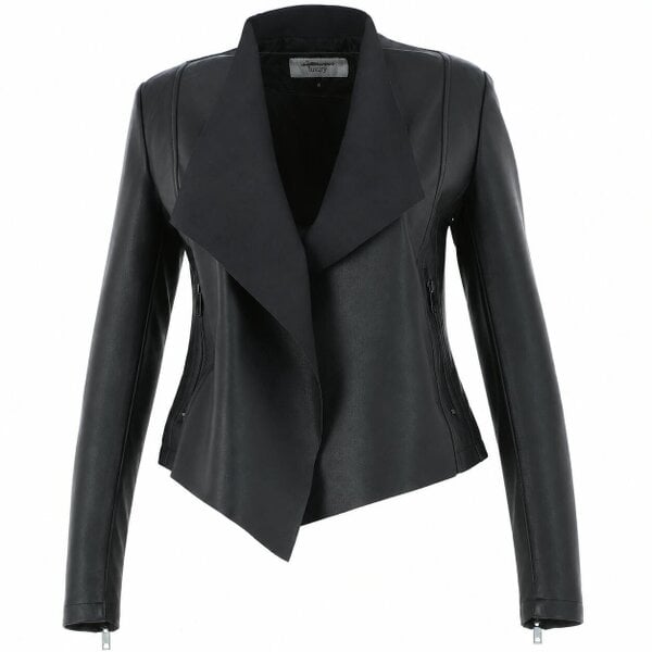 'Licra' Waterfall Front Leather Jacket - Black