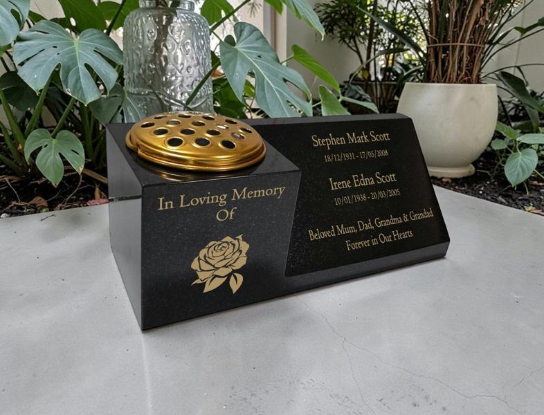 Memorials Direct Granite Vase Plaque, Combination for Two Names, Free Personalised Gold Engraving Polished