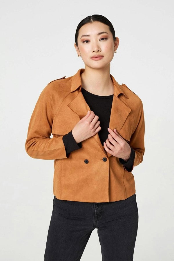 Brown | Suede Texture 3/4 Sleeve Cropped Trench Coat
