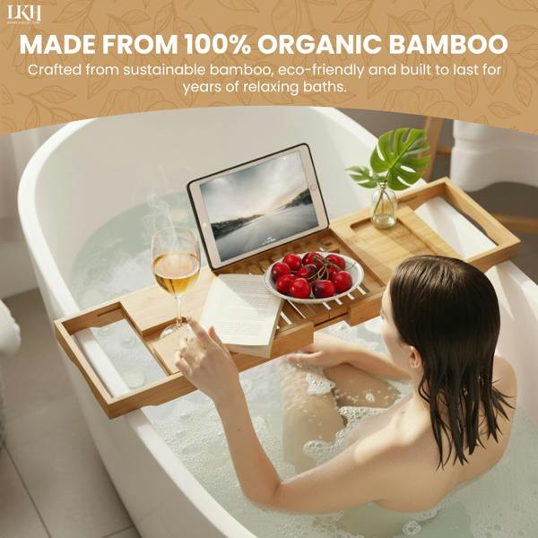 LKH HOME COLLECTION LKH Expandable Bamboo Bath Tray Caddy - Bathtub Rack with Wine Glass Holder, Mobile, Tablet & Book Stand - Retractable & Foldable