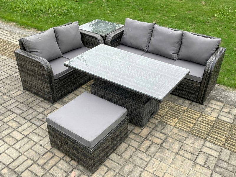 Fimous 6-Seater Dark Grey Rattan Outdoor Lounge Set | Adjustable Rising Dining Table, Sofa, Side Table, Large Footstool