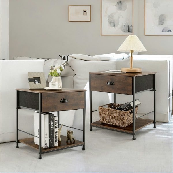 Rafaelo Mobilia Set Of 2 Industrial Bedside Nightstand Tables With Drawer Brown