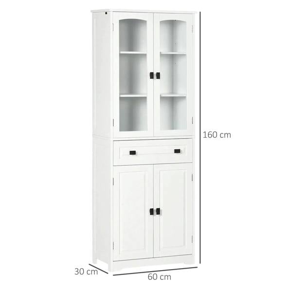 White freestanding cabinet with glass doors, drawer, and cabinet doors; 160 cm tall
