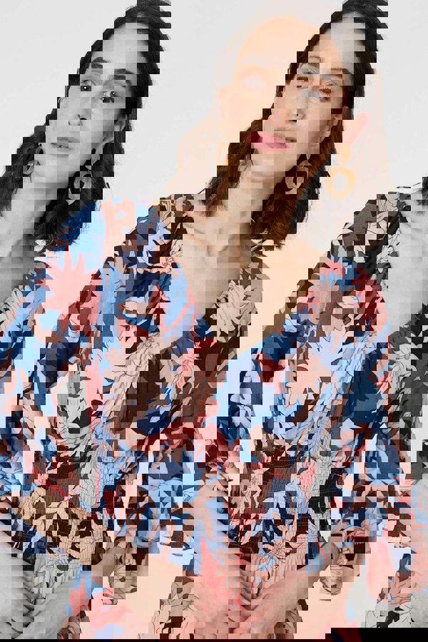 Navy | Floral 3/4 Sleeve Ruffled Midi Dress