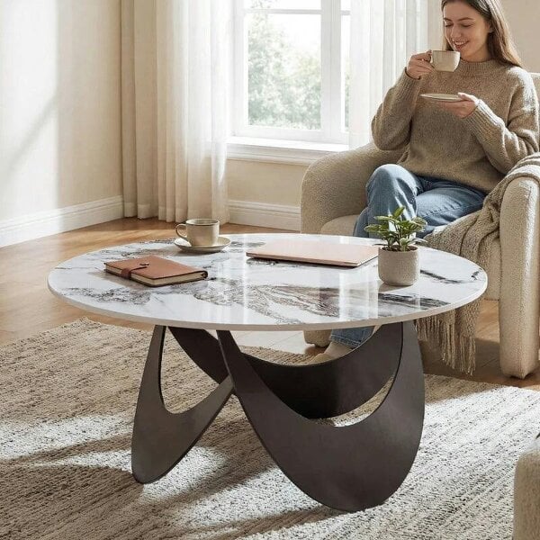 Coffee Table Sintered Stone Top Adjustable Foot Pads Modern Centre Table for Living Room White and Black - White
