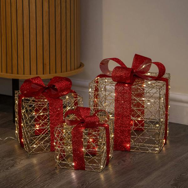 Samuel Alexander Set of 3 Gold Light Up Christmas Parcel Decorations with 90 Warm White LEDs