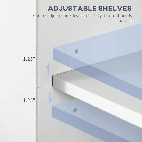 White cabinet with adjustable shelves at multiple levels for flexible storage