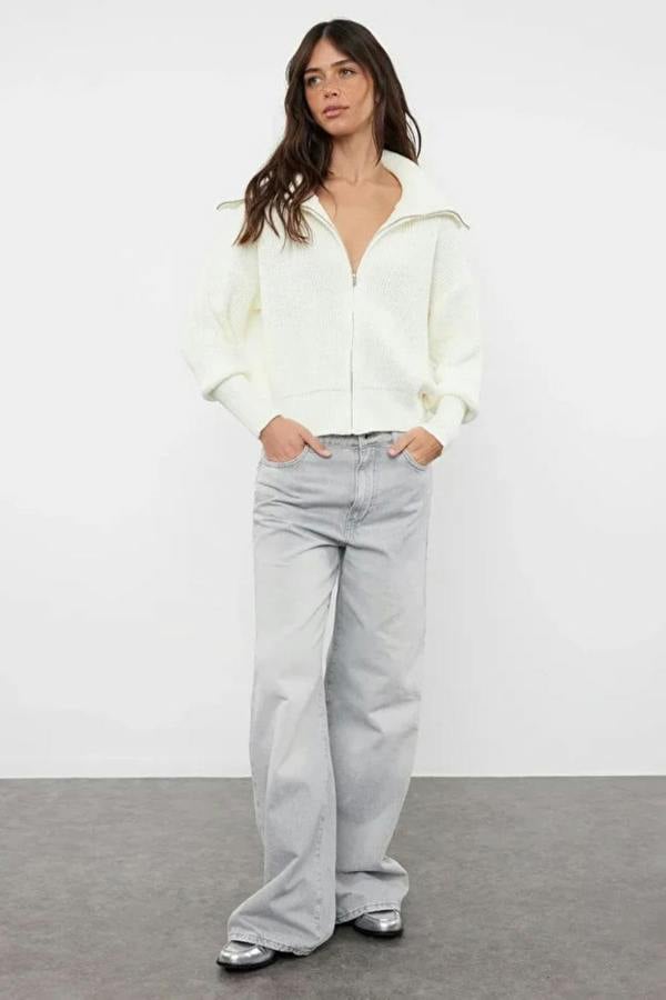Hoxton Gal Oversized Draped Collar Zip-Up Knit Cardigan