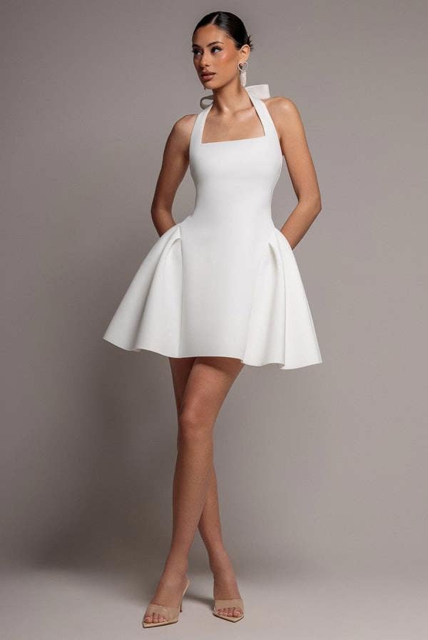 Corset Fit And Flare Halter Neck Skater Mini Dress - White DR5107