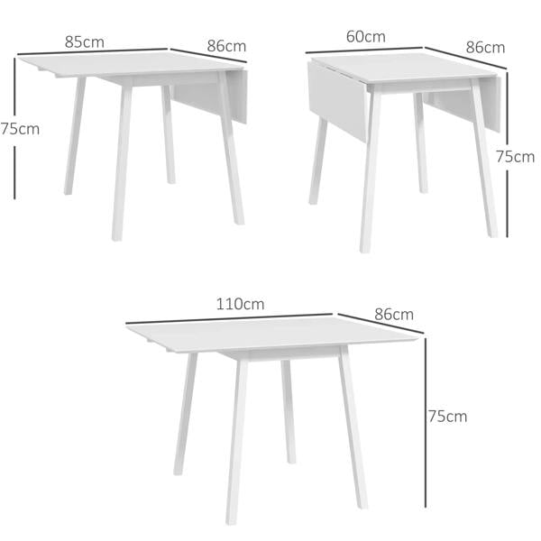 White drop-leaf rectangular folding dining table with size measurements shown