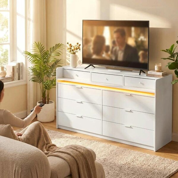 Chest of Drawers for Bedroom with LED Light & Charging Station, 9 Drawers Storage Unit/TV Stand, White
