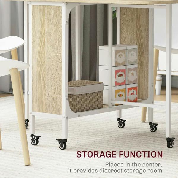 Natural wood dining table with white storage cabinet and caster wheels