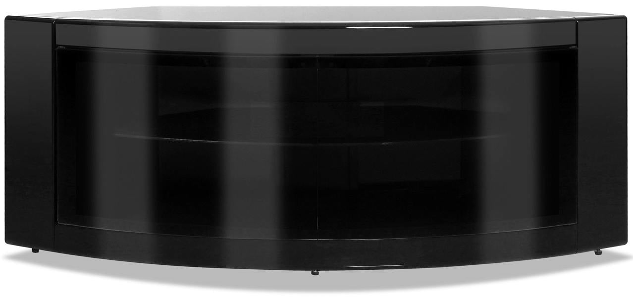 Homeology PANGEA Gloss Black Beam-Thru Glass Doors Curved Unit Tru-Corner 32"-50" TV Cabinet