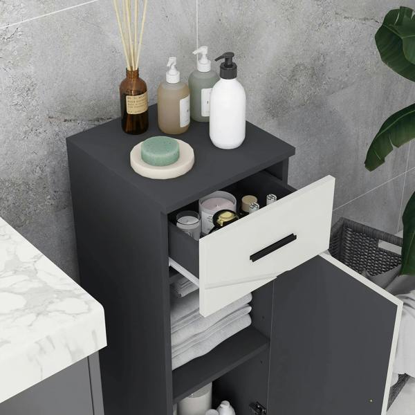 Grey and white slim bathroom cabinet with side-open door and drawer, internal shelves visible