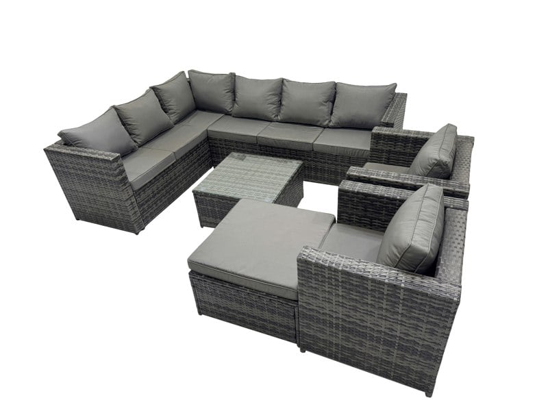 Fimous Rattan Garden Furniture Patio Furniture Sets with Corner Sofa Square Coffee Table Big Stool Dark Grey Mixed