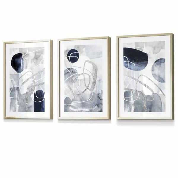 Artze Wall Art Abstract Blue and Silver Shapes Set of 3 Framed Art Prints