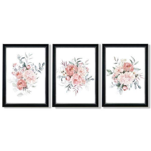 Pink Peonies Watercolour Floral Set of 3 Framed Art Prints with Vermeer Black and Silver Frames