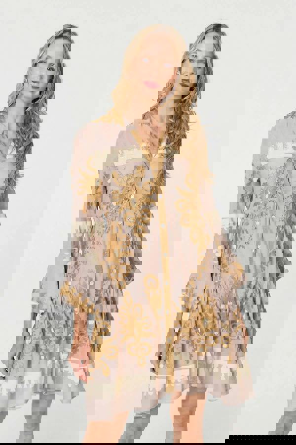 Beige | Baroque Print Long Sleeve Short Dress