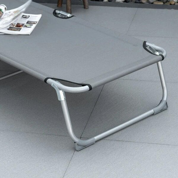 Reclining Sun Lounger Chair Folding Camping Bed with 4-Position Adjustable Backrest, Grey