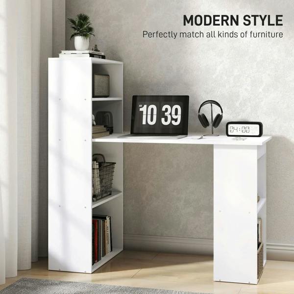 White workstation desk with open bookcase shelves for office items