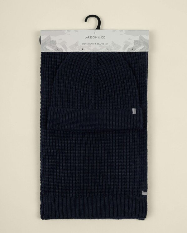 Larsson & Co Haldan – Navy Waffle Knit Beanie & Scarf Set