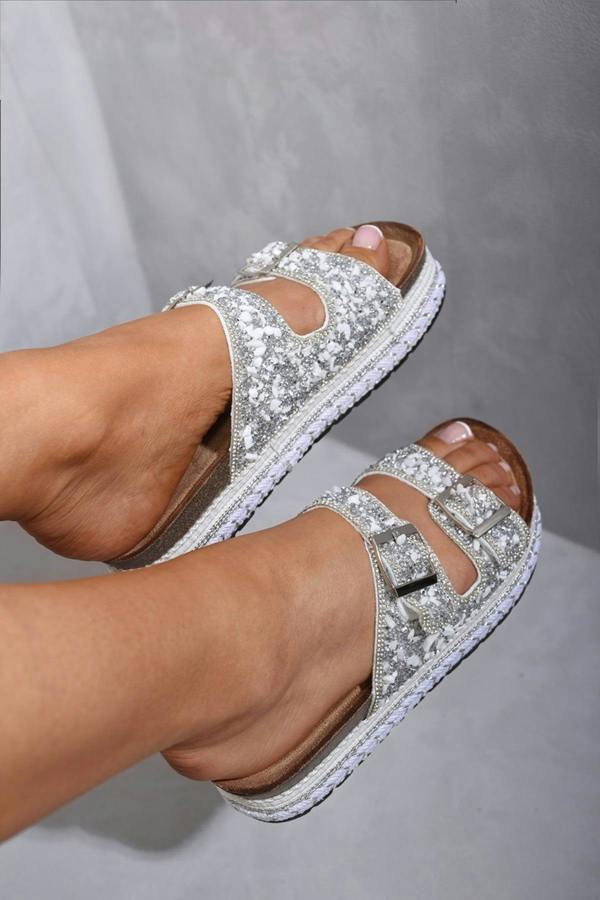 Remy Embellished Stone Double Buckle Platform Sandals - White
