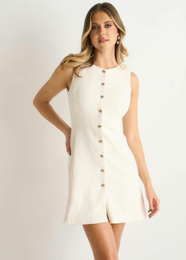 Gini London Cream Boucle Button Through Mini Dress