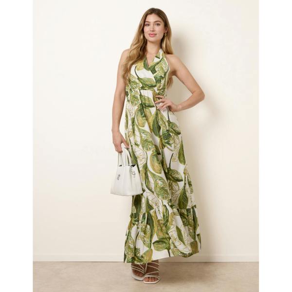 Blue Vanilla Leaf Print Halter Neck Dress