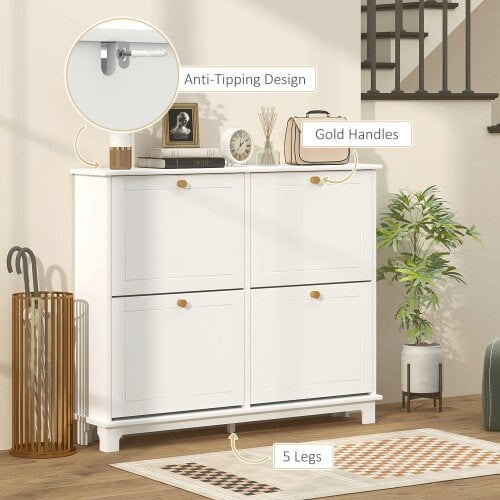 Wyld Haus Zisuka Wooden White Slim Shoe Cupboard With 4 Flip Drawers For 16 Pairs