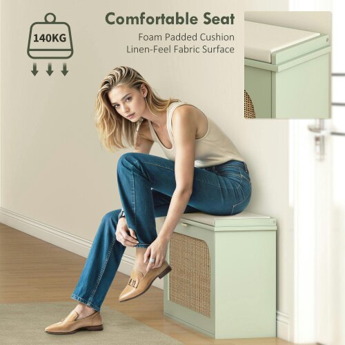 Wyld Haus Rikena Coyo Wooden Light Green Boho Style Shoe Bench With Cushioned Seat And Flip Drawer